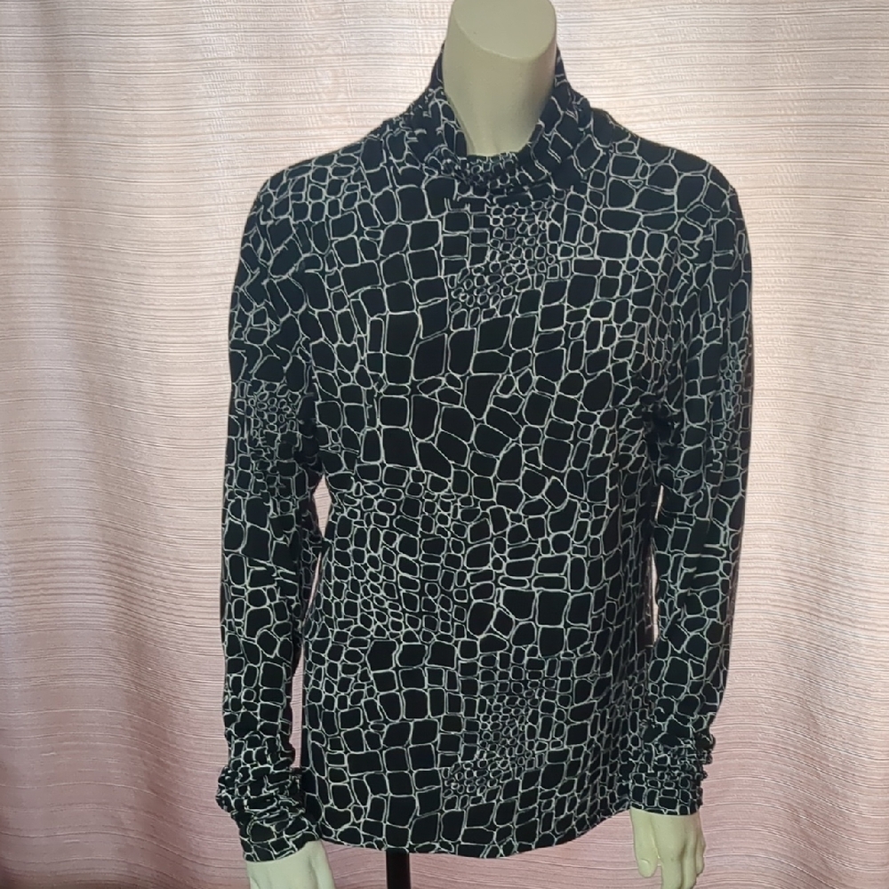 Chaus Black and White Animal Print Mock Neck Top